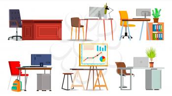 Office Workplace Interior Set Vector. Interior Of The Office Room, Creative Developer Studio. PC, Computer, Laptop. Trendy Office Desk Isolated Flat Illustration