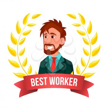 Best Worker Employee Vector. European Man. Manager. Winning Trophy. The Most Great Results. Award Gold Wreath. Success Business Illustration