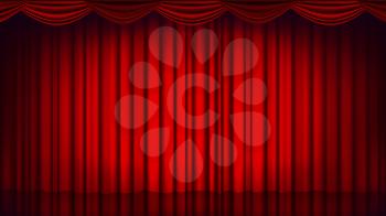 Red Theater Curtain Vector. Theater, Opera Or Cinema Closed Scene. Realistic Red Drapes Illustration