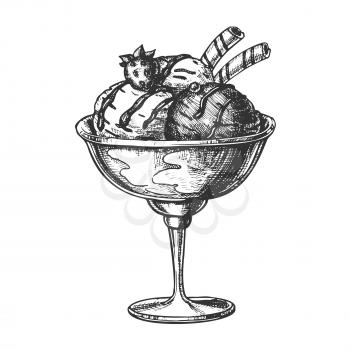Scoop Ice Cream Cup With Fruit Hand Drawn Vector. Tasty Frozen Milk Dessert Ice Cream In Bowl Decorated Strawberry, Wafer Rolls And Chocolate Concept. Designed Template Monochrome Illustration