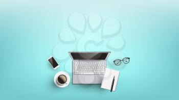 Workplace Desk For Freelancer Flat Lay Vector. Spiral Binder Paperclip Notebook On Laptop Near Eye Black Frame Glasses, Cellphone And Mug Of Coffee On Desk. Copy Space Top View Illustration