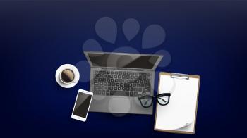 Office Business Working Place Flat Lay Vector. Cellular Phone And Spectacles On Opened Laptop, Blank Paper On Clipboard And Mug Of Coffee On Working Desk. Copy Space Top View Illustration