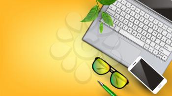 Modern Technology On Workplace Flat Lay Vector. Smartphone On Opened Laptop, Computer Black Frame Spectacles Near Writing Pen And Green Leaves On Workplace. Copy Space Top View Illustration