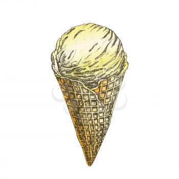 Color Ice Cream Scoop In Waffle Cone Hand Drawn . Delicious Sweet Cool Dessert Ice Cream Gelato Cornet Concept. Refreshing Dairy Soft Tasty Summer Food Designed Template Illustration