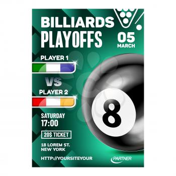 Billiards Hit And Aiming Ball Game Poster Vector. Eight Black Ball And Playing Stick Equipment For Play Snooker On Advertising Announcement Banner. Gambling Pub Event Color Concept Layout Illustration