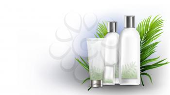 Shampoo Different Packages And Tree Branch Vector. Natural Shampoo Blank Bottle, Tube And Sachet Bag. Plant Green Leaves Organic Cosmetic Ingredient Template Realistic 3d Illustration