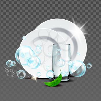 Plates And Glass Washed With Mint Detergent Vector. Blank Clean Plates And Glassware Cup Dinner Equipment Wash With Bubble Chemical Liquid And Green Leaf. Template Realistic 3d Illustration