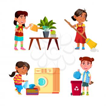 Girls Kids Cleaning And Doing Housework Set Vector. Little Ladies Watering Home Plant And Cleaning Floor, Washing Clothes In Laundry Machine And Throws Out Trash. Characters Flat Cartoon Illustrations
