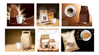 Coffee Packages Promotional Posters Set Vector. Coffee Roasted Beans, Dink Cup And Blank Bags Packaging On Creative Advertising Banners. Natural Bio Product Style Concept Template Illustrations