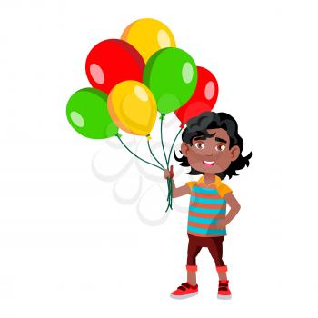 Boy Kid Standing With Multicolored Balloons Vector. Happy African Small Child Staying With Helium Balloons Bunch Present. Character Infant With Attractive Gift Flat Cartoon Illustration