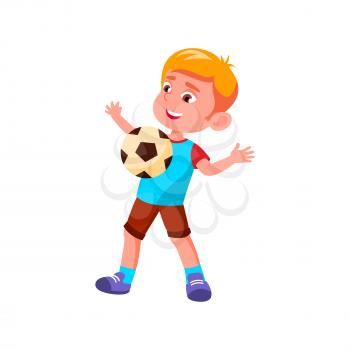 Boy Child Catching Soccer Ball On Chest Vector. Caucasian Kid Player Play Football And Catch Ball On Chest. Team Sport Game On Stadium. Character Infant Sportive Activity Flat Cartoon Illustration