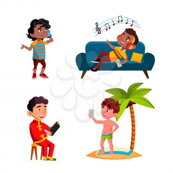 Boys Children Using Smartphone Device Set Vector. Kids Talking On Smartphone And Playing Game, Listening Music And Photographing. Characters Use Digital Gadget Flat Cartoon Illustrations