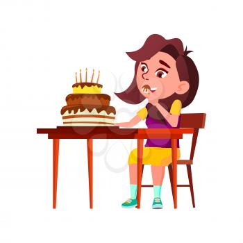 School Girl Kid Eating Birthday Cake Food Vector. Schoolgirl Enjoying Celebrative Chocolate Cake Decorated Candles. Happy Character Lady Child Eat Creamy Pie Dessert Flat Cartoon Illustration