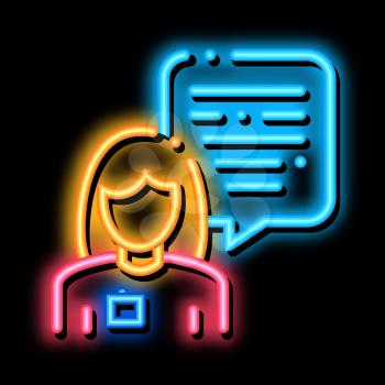 Female Worker Talk neon light sign vector. Glowing bright icon Female Worker Talk Sign. transparent symbol illustration