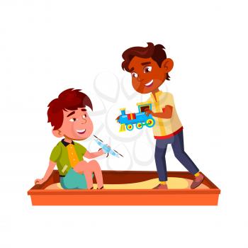 Boys Children Playing In Sandbox Together Vector. Asian And Indian Guys Kids Play With Drone And Train Toys In Sandbox. Characters Recreation On Playground Flat Cartoon Illustration