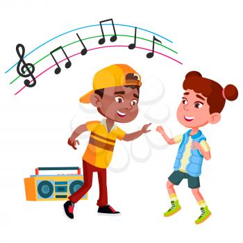 Boy And Girl Kids Dancing Rhythmic Dance Vector. African Schoolboy And Caucasian Schoolgirl Couple Listening Music And Dancing Together Outdoor. Characters Enjoying Flat Cartoon Illustration