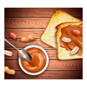 Peanut Butter Creative Promotional Poster Vector. Peanut Butter With Nuts On Toast Bread And Fatty Food In Bowl With Spoon On Wooden Table Advertising Banner. Style Concept Template Illustration