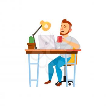 happy caucasian man laughing from funny image on laptop cartoon vector. happy caucasian man laughing from funny image on laptop character. isolated flat cartoon illustration