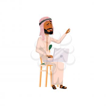 smiling arabic man watching online film on notebook cartoon vector. smiling arabic man watching online film on notebook character. isolated flat cartoon illustration