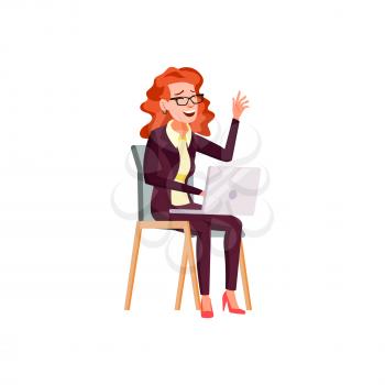 woman in elegant clothes laughing from funny picture on laptop cartoon vector. woman in elegant clothes laughing from funny picture on laptop character. isolated flat cartoon illustration