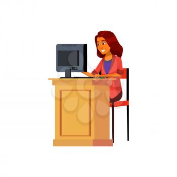 happy emotion young woman writing email to friend cartoon vector. happy emotion young woman writing email to friend character. isolated flat cartoon illustration