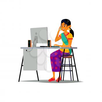 indian woman writing on computer and talking with friend on mobile phone cartoon vector. indian woman writing on computer and talking with friend on mobile phone character. isolated flat cartoon illustration