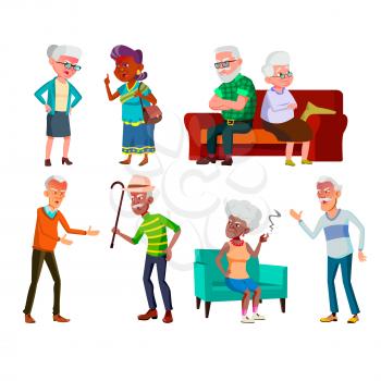 Old Women And Men Couple Quarreling Set Vector. Elderly People Quarreling And Arguing Together With Aggression Negative Emotion. Mature Characters Disagreement Flat Cartoon Illustrations