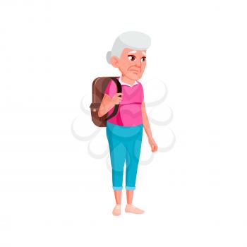 serious old woman traveler late on train cartoon vector. serious old woman traveler late on train character. isolated flat cartoon illustration
