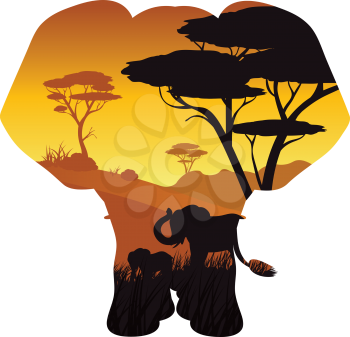 Colorful sunset scene, african landscape with silhouette of trees and elephant.