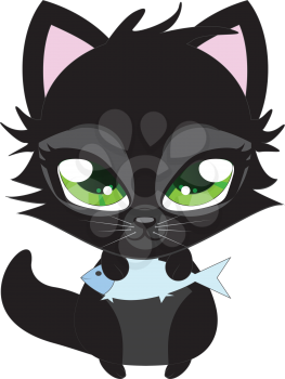 Cute cartoon black kitten with blue fish on white background.