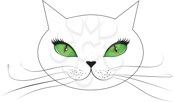 Abstract cartoon white cat face with green eyes and long whiskers.