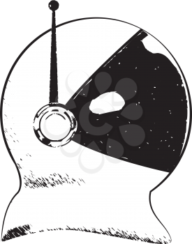Stylized cartoon spaceman helmet with retro antenna design.