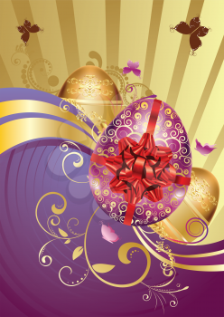 Bright background with decorative floral ornament and Easter eggs.