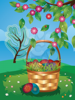 Wicker Easter basket with colorful eggs on green lawn.