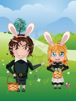 Cute cartoon boy and girl with basket of Easter eggs.