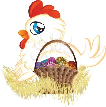 Cute cartoon white hen with basket of Easter eggs.