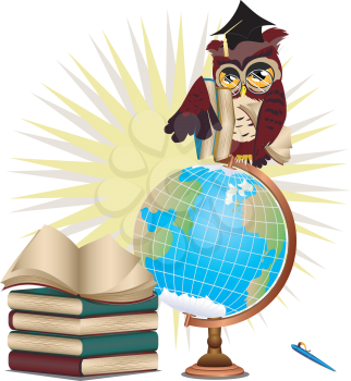 Cartoon wise owl with globe and stack of books.