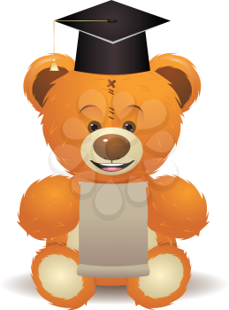 Cute teddy bear toy in graduation hat with paper sheet.