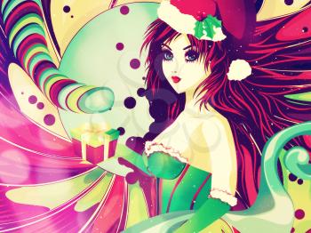 Santa girl in green corset on colorful candy background.