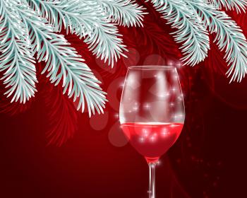 Tasty red wine in a glass design, Christmas themed illustration.
