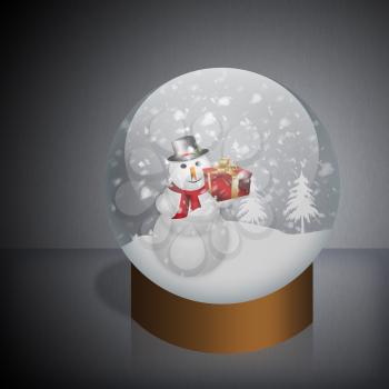 Happy snowman holding gift box in Snow Globe.
