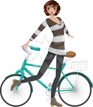 Cartoon girl stand near bicycle on white background.
