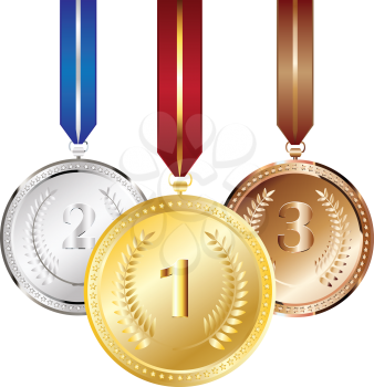 Set of golden, silver and bronze medals.