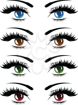 Collection of cartoon female eyes in different colors illustration.