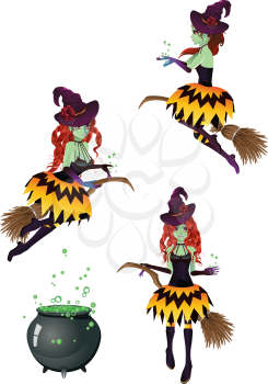 Stylized dark halloween witch and stylish broom.