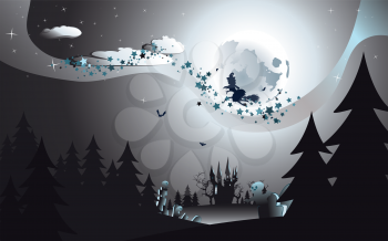 Halloween background with flying witch silhouette on a broomstick in dark forest.
