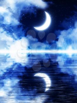 Fantasy crescent moon on blue starry sky with clouds background.