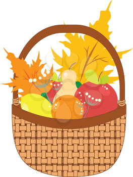Cartoon basket with apples, pears and autumn maple leaves.