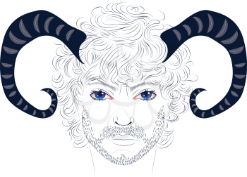Stylized portrait of a man with horns, Aries man.