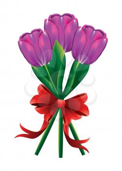 Beautiful bouquet of tulip flowers with red bow on white background.